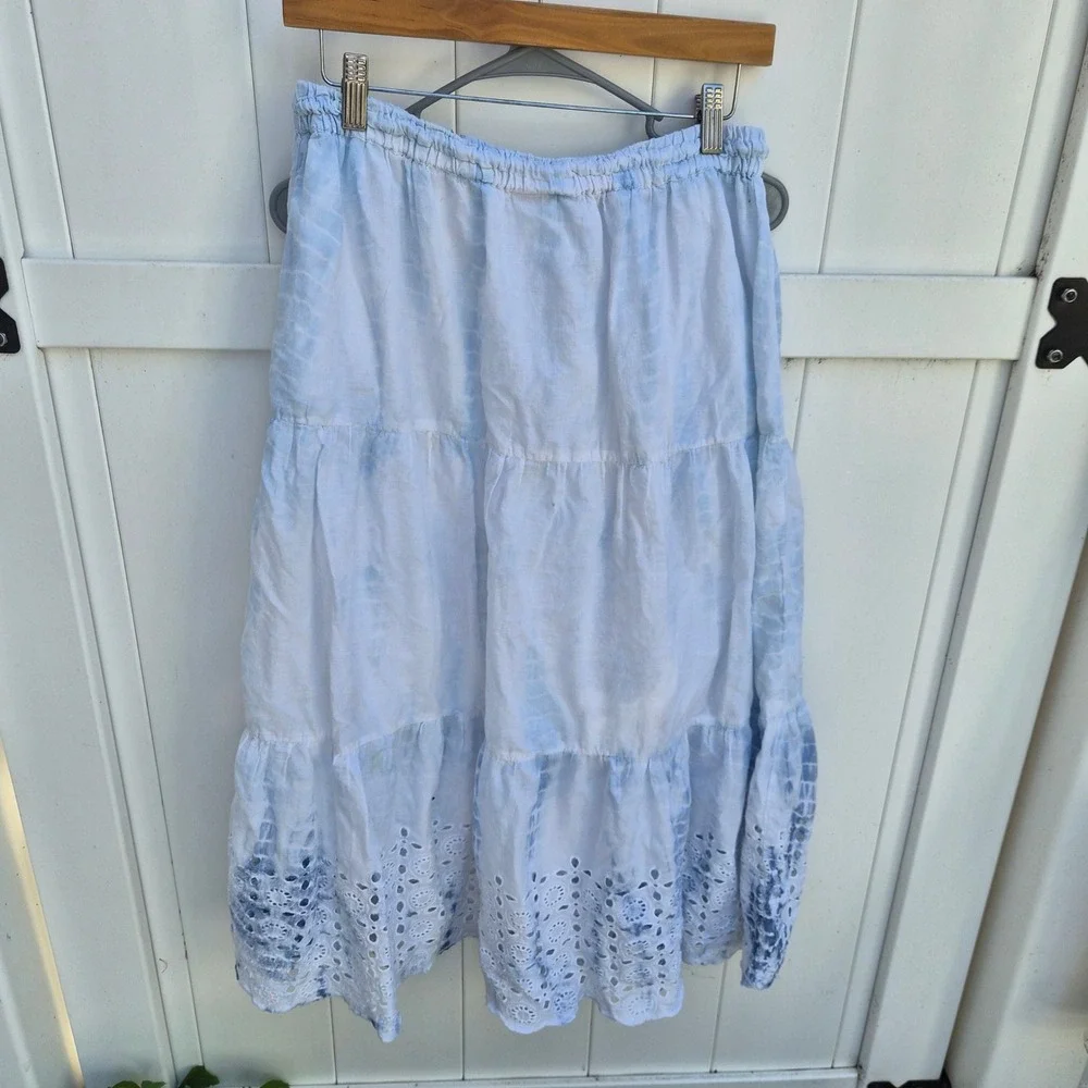 Blue White Tie Dye‎ Tiered Eyelet Hem Midi Skirt Elastic Waist Boho Summer